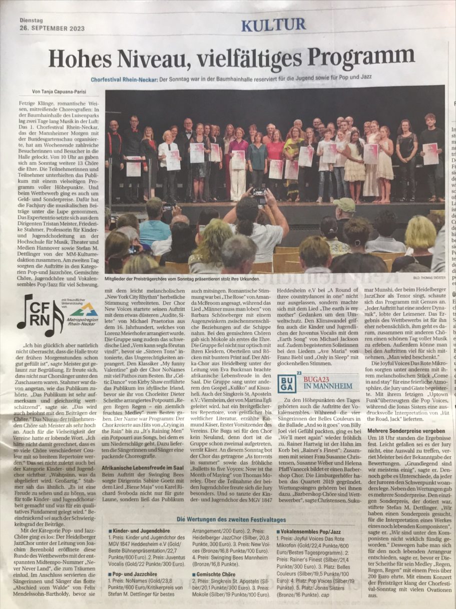 2023: Bericht über das Chorfestivals Rhein-Neckar auf der BuGa, Mannheim im Mannheimer Morgen