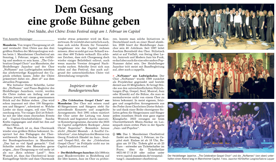 2026: Ankündigung zum 1. Mannheimer Chorfestival in der Rhein-Neckar-Zeitung